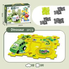 Railcar Puzzle Track Playset – Dinosaur Adventure Road Map with Vehicle Toy