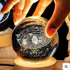 3D Solar System Crystal Ball Lamp – LED Galaxy Orb with Wooden Base