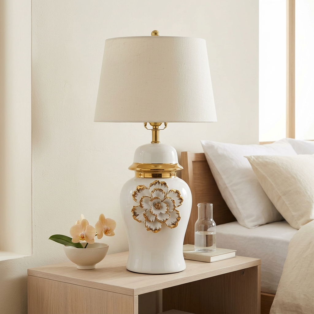 White & Gold Floral Ceramic Table Lamp with Shade | Happy Gift