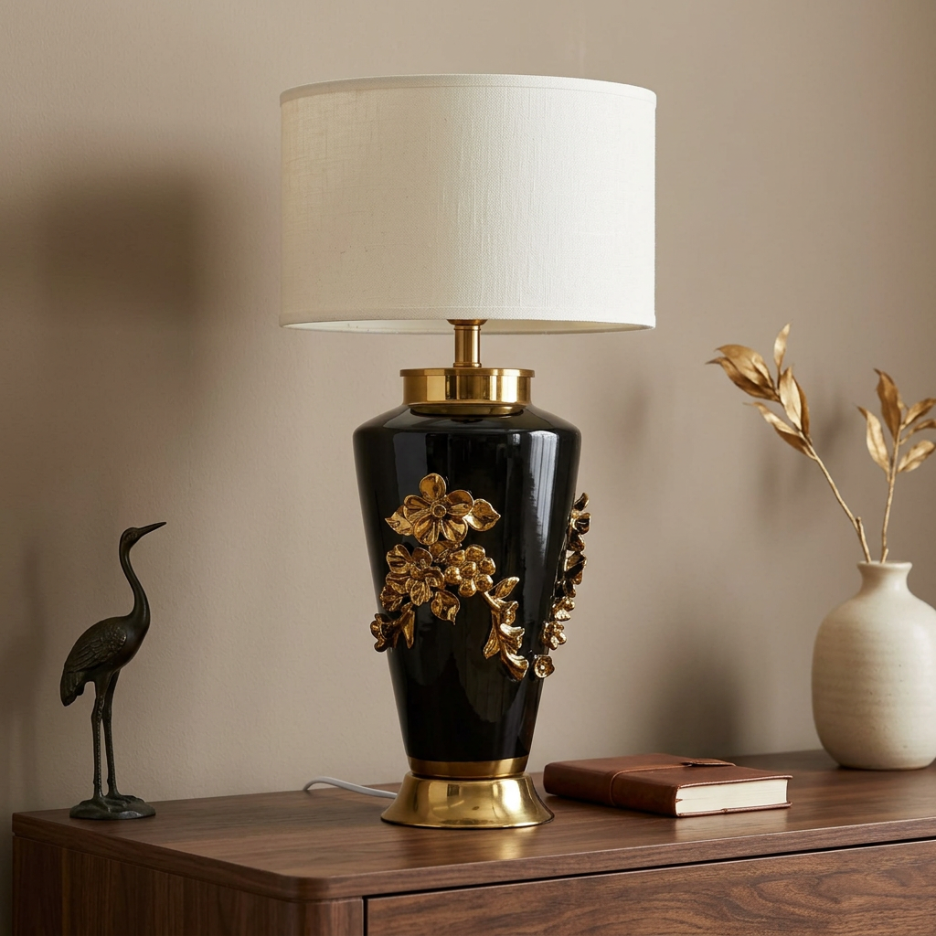 Black & Gold Floral Table Lamp with Ivory Shade | Happy Gift
