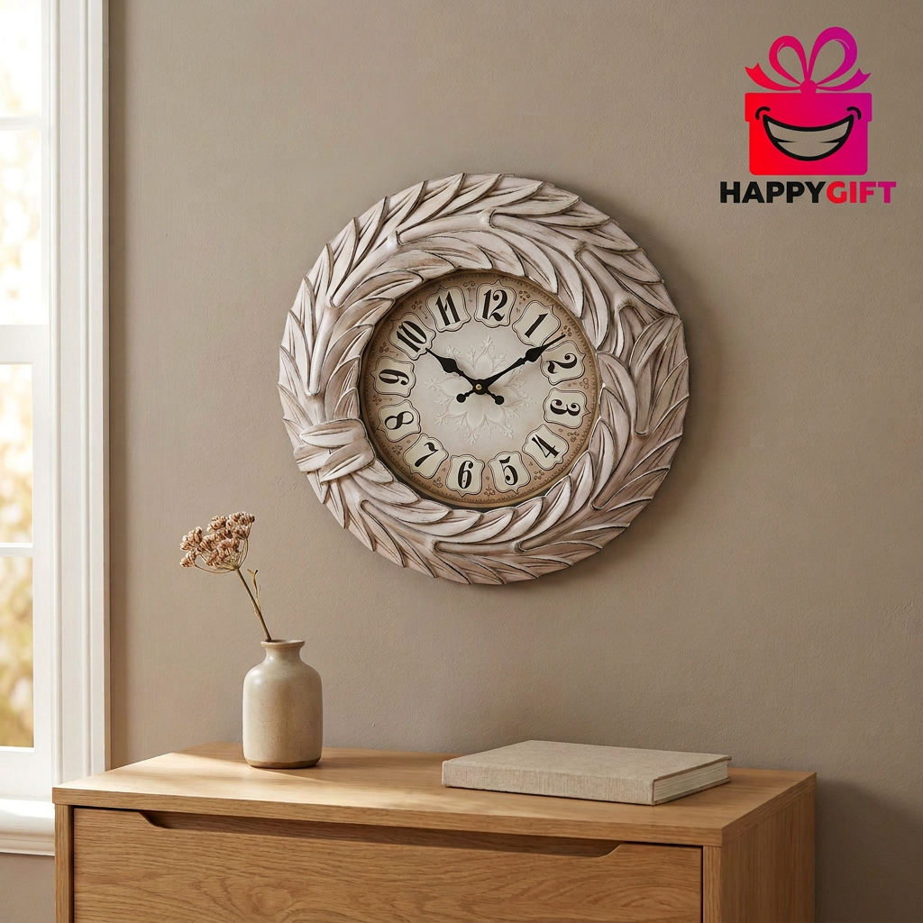 Leaf Wreath Wall Clock in Antique Silver – Happy Gift