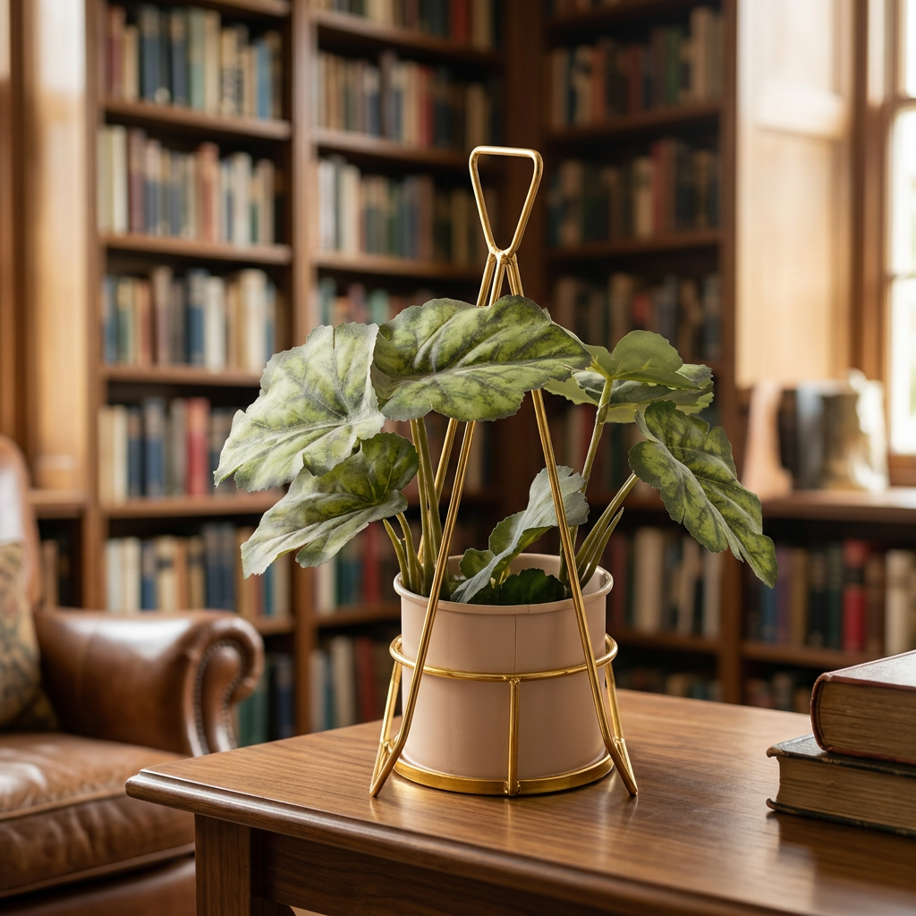 Artificial Green Leaf Plant in Gold Stand with Blush Pot | Happy Gift