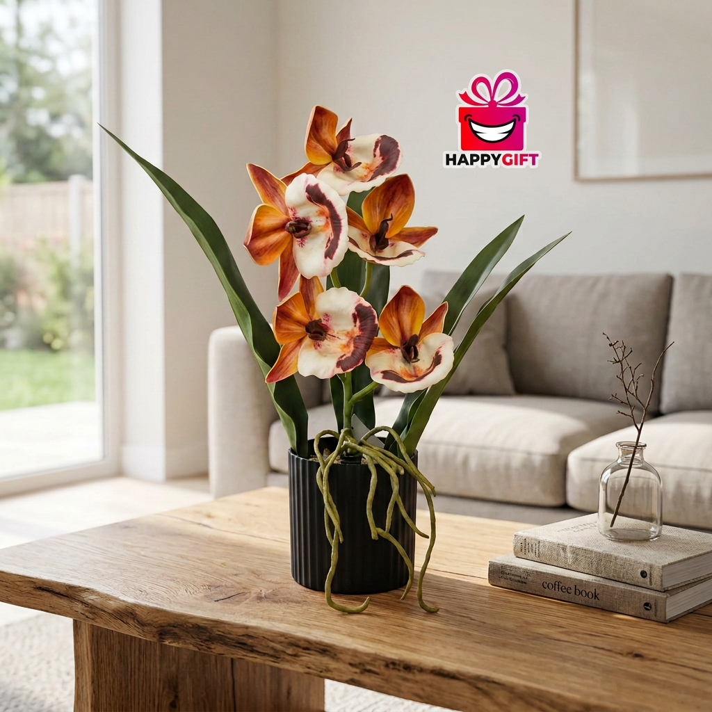 Artificial Orange Orchid Arrangement with Vines in Black Pot | Happy Gift