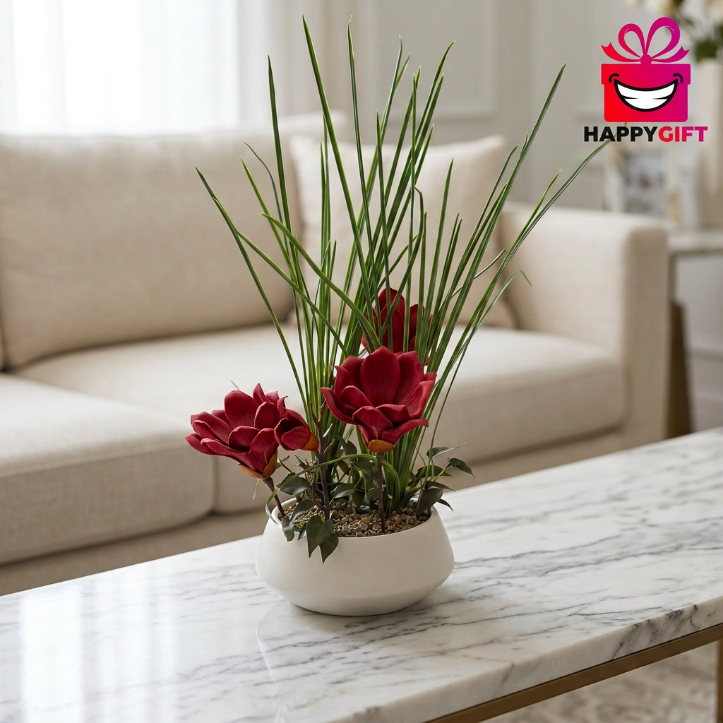 Red Artificial Flower and Grass Arrangement in White Pot | Happy Gift
