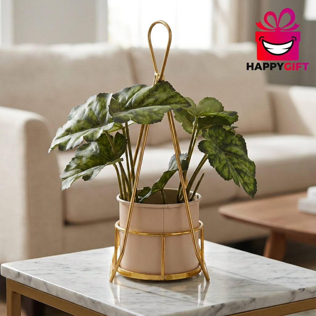 Artificial Green Leaf Plant in Gold Stand with Blush Pot | Happy Gift