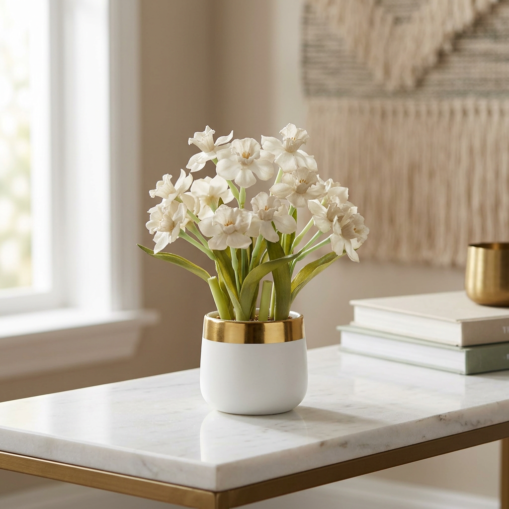 White Artificial Flower Arrangement in Gold-Rimmed Pot | Happy Gift