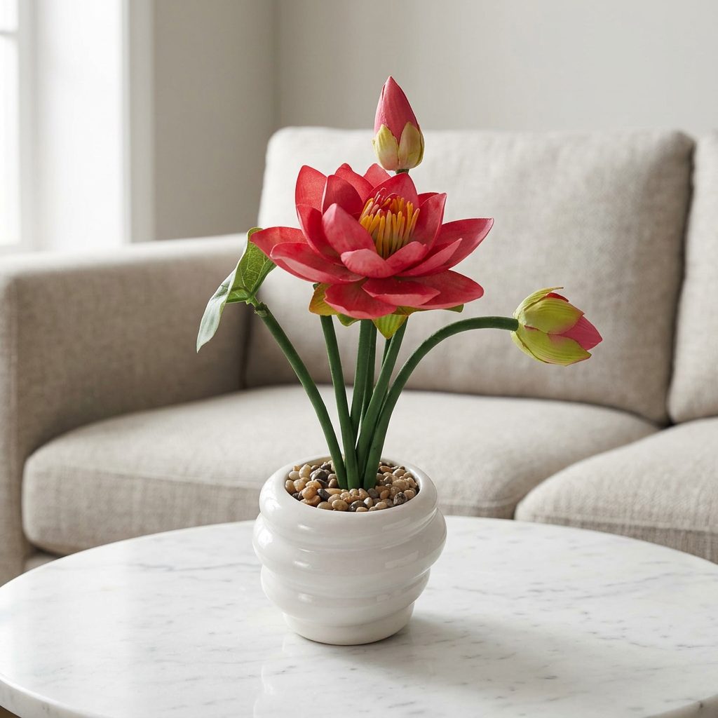 Pink Artificial Lotus Flower Arrangement in White Pot | Happy Gift