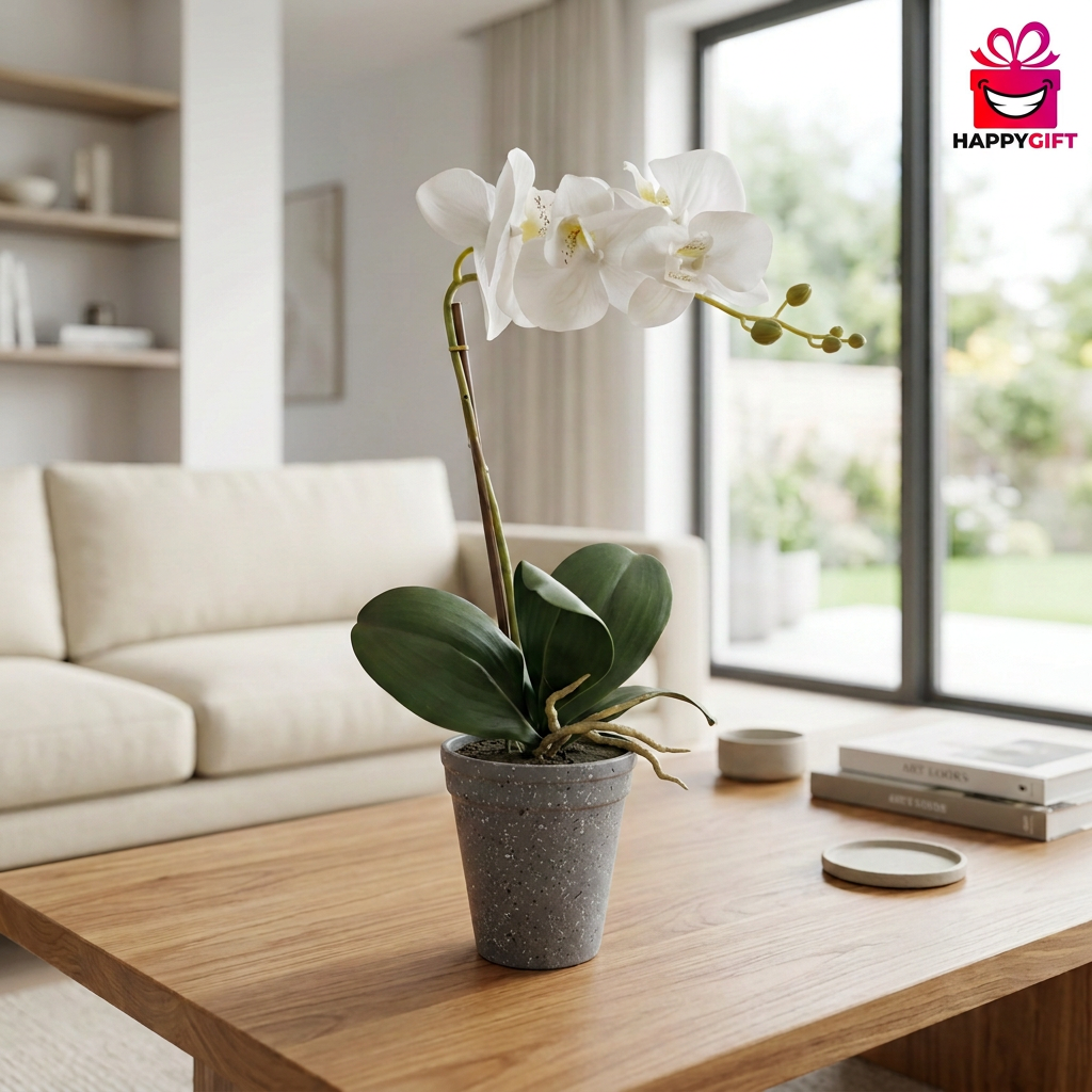 Artificial White Phalaenopsis Orchid in Grey Speckled Pot | Happy Gift