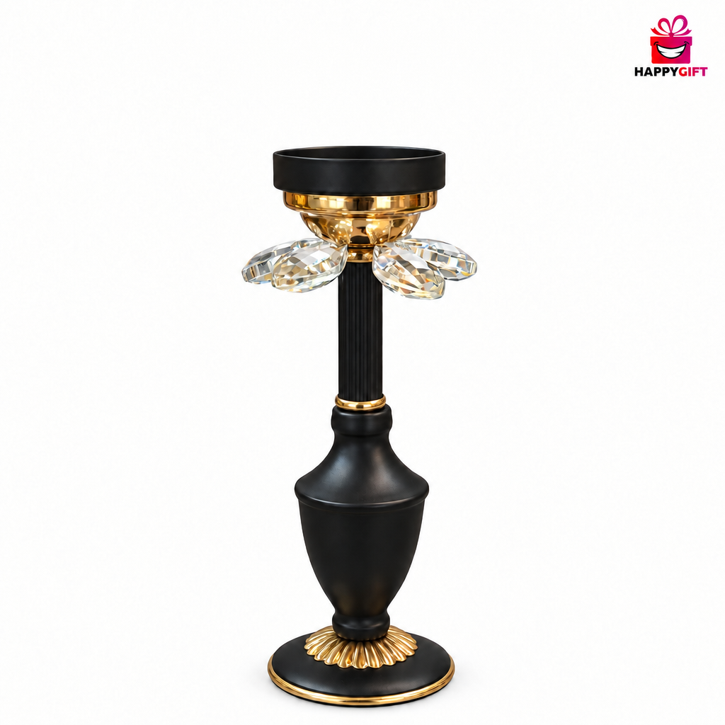 Luxury Matte Black Candle Stand with Crystal Prisms – Gold Trim Table Centerpiece
