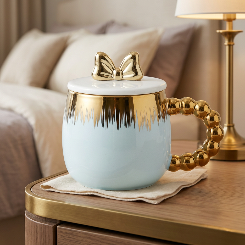 Blue & Gold Ceramic Mug with Bow Lid – Happy Gift