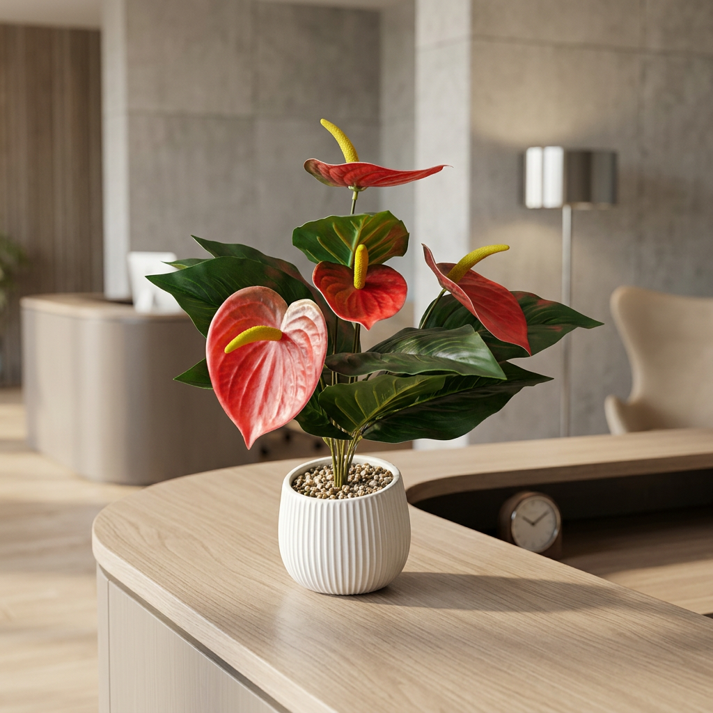 Red Artificial Anthurium Plant in White Ribbed Pot | Happy Gift