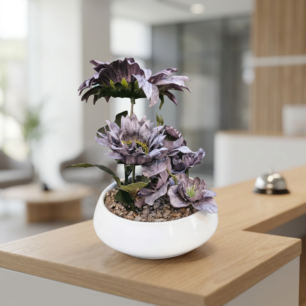 Purple Artificial Flower Arrangement in White Bowl Pot | Happy Gift