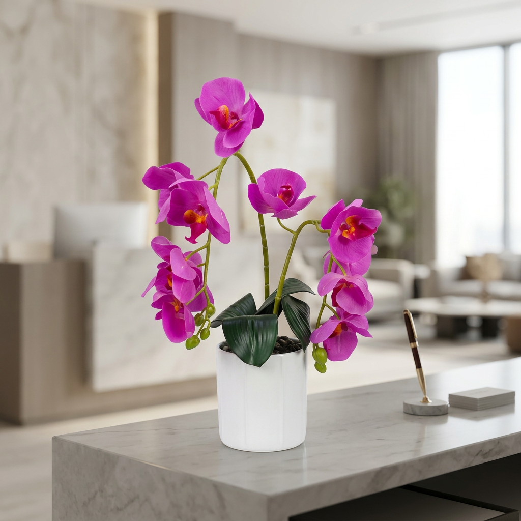 Purple Artificial Orchid Arrangement in White Pot | Happy Gift