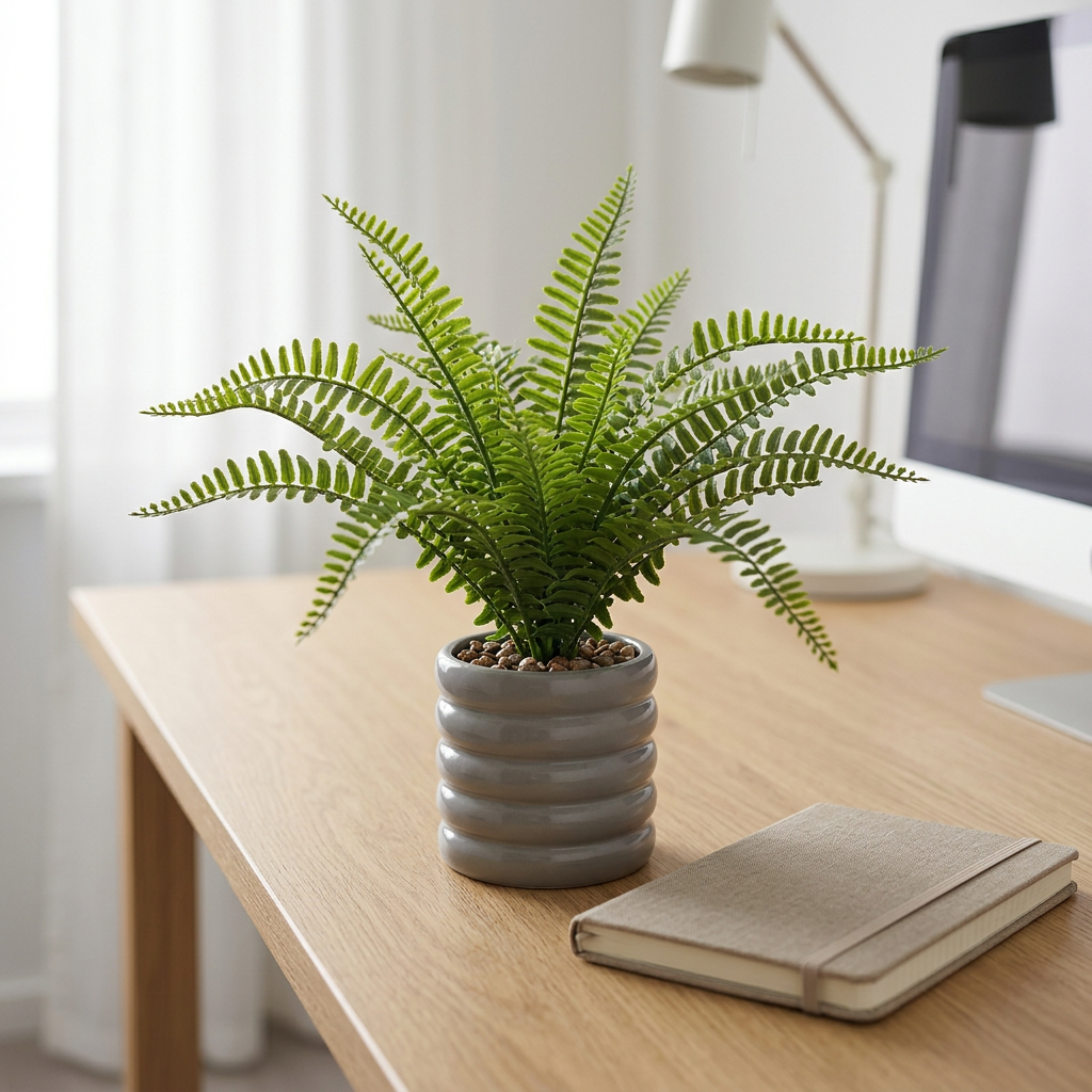 Artificial Green Fern Plant in Grey Ribbed Pot | Happy Gift