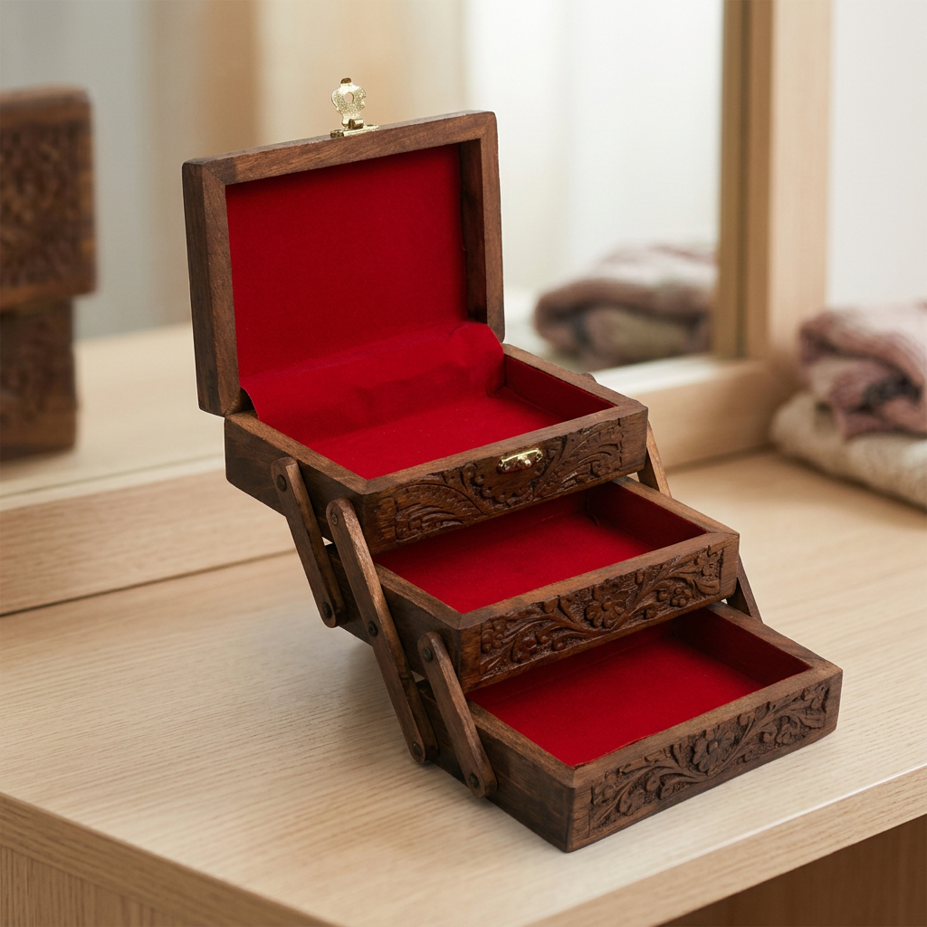 Carved Wooden Tiered Jewellery Box with Red Lining | Happy Gift