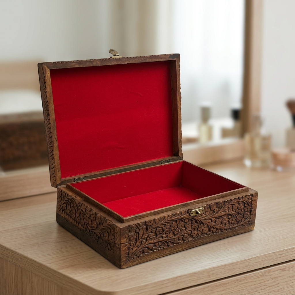 Carved Wooden Jewellery Box with Red Lining | Happy Gift