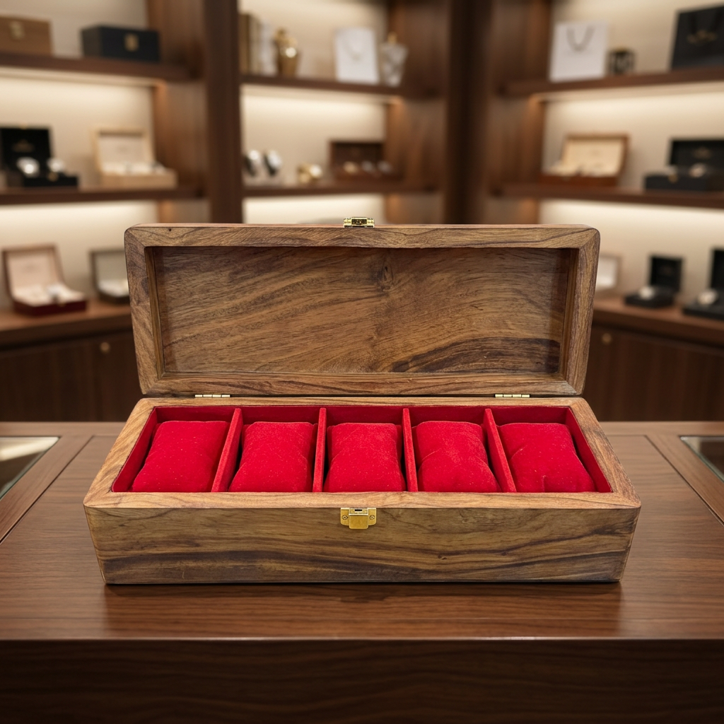 Wooden Watch Box with 5 Slots & Red Lining | Happy Gift