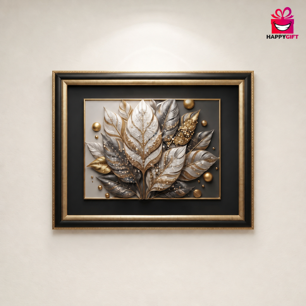 "Opulent Feathers: A Metallic Treasure" - Framed 3D Wall Art | HappyGift Home Decor
