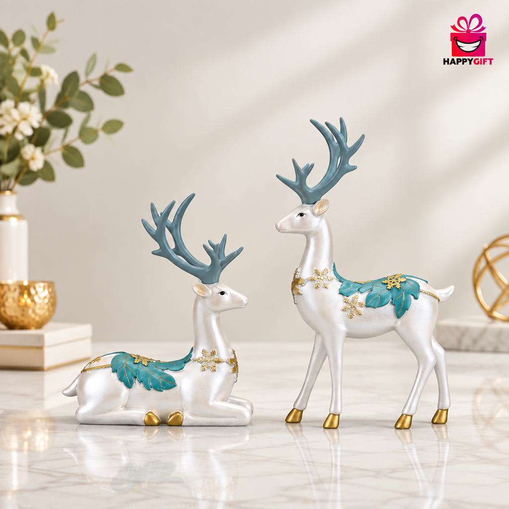 Opulent White & Teal Reclining and Standing Deer Figurine Set - Elegant Home Decor | HappyGift