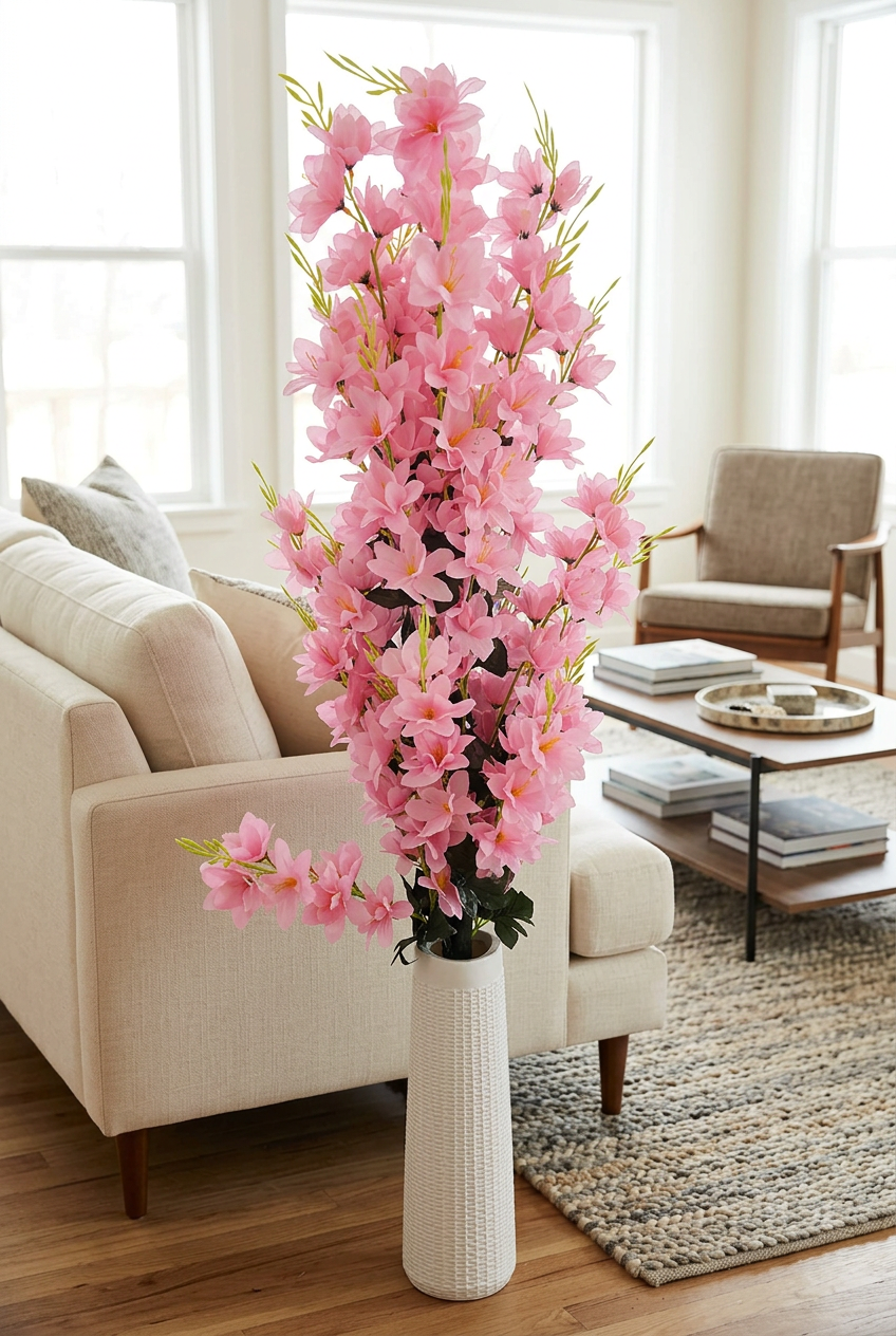 Pink Decorative Flower Arrangement with Tall White Vase | Happy Gift HEIGHT 4.5 FT
