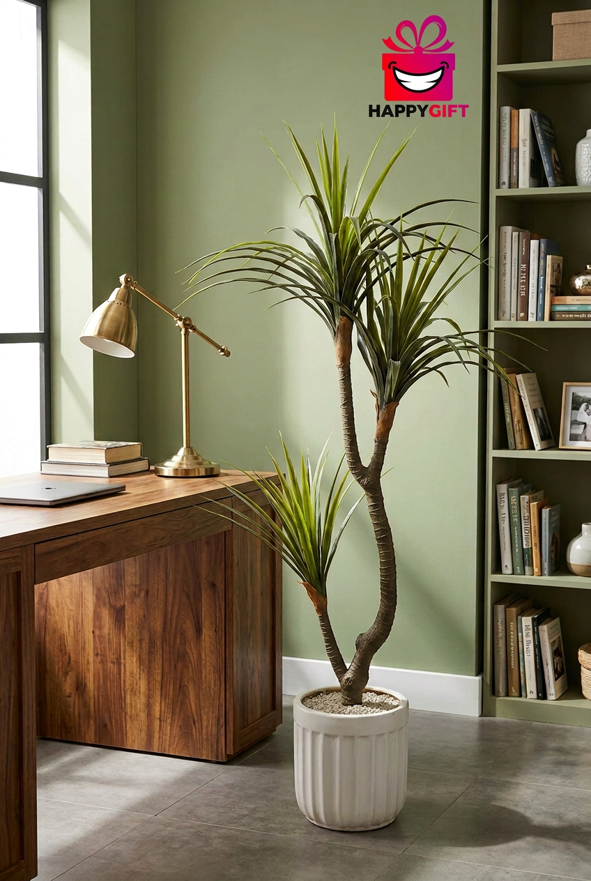 Artificial Dracaena Plant in White Ribbed Pot | Happy Gift HEIGHT 5 FT