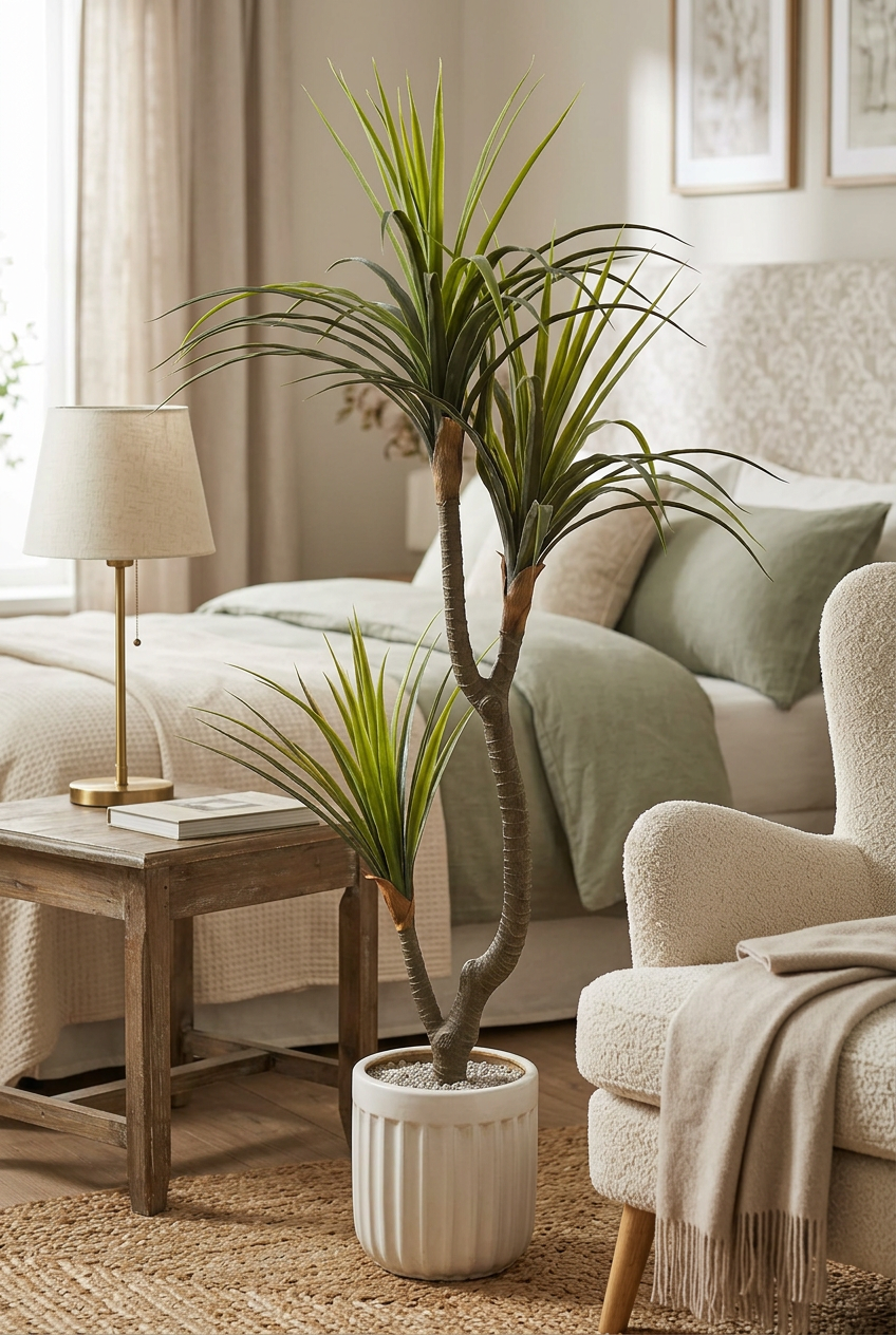 Artificial Dracaena Plant in White Ribbed Pot | Happy Gift HEIGHT 5 FT