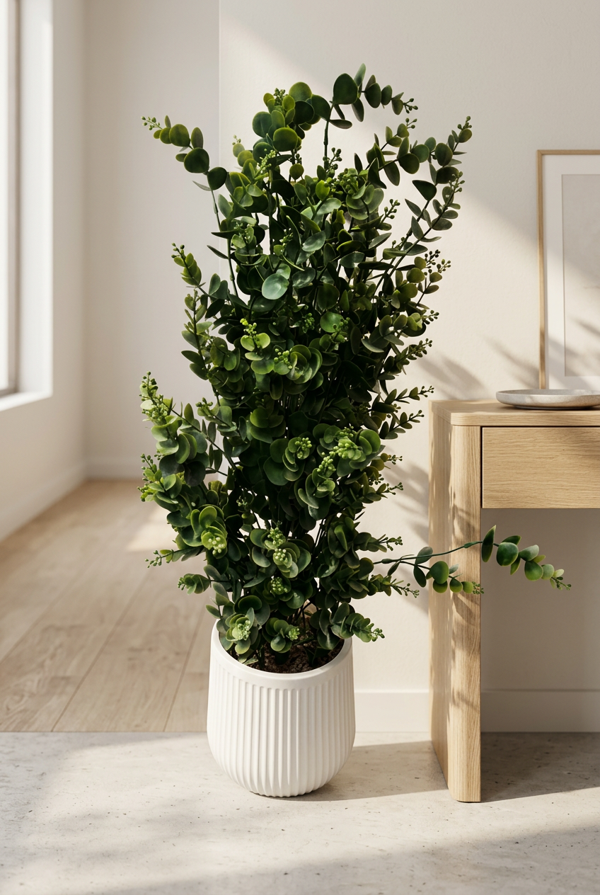 Artificial Green Leaf Plant in White Ribbed Pot | Happy Gift HEIGHT 3FT