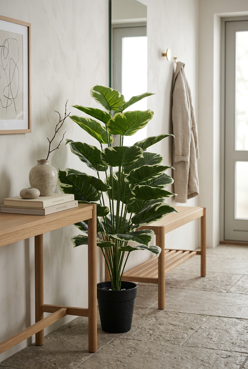 Artificial Green & White Leaf Plant in Black Pot | Happy Gift HEIGHT 3 FT