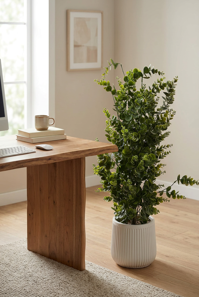 Artificial Green Leaf Plant in White Ribbed Pot | Happy Gift HEIGHT 3FT