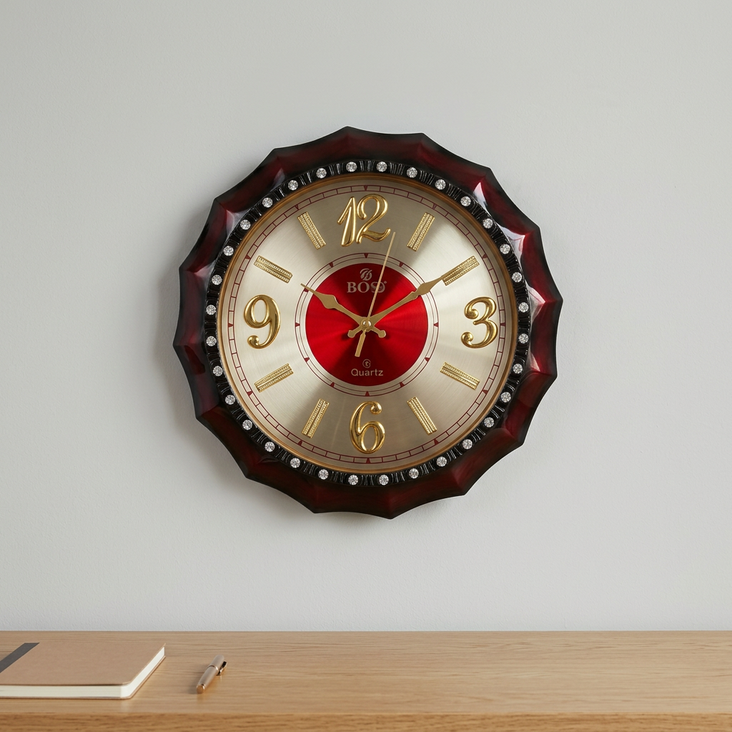 Decorative Wall Clock with Red Dial and Gold-Tone Numerals – Happy Gift