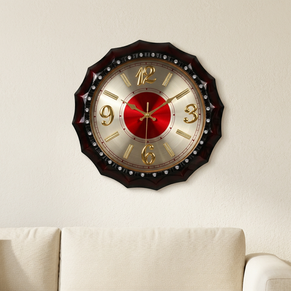Decorative Wall Clock with Red Dial and Gold-Tone Numerals – Happy Gift