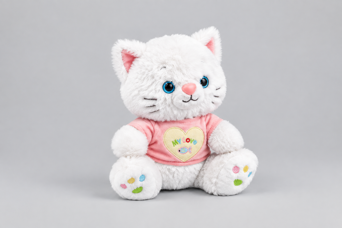 40CM White Cat Plush Toy with Pink Heart Shirt | Happy Gift