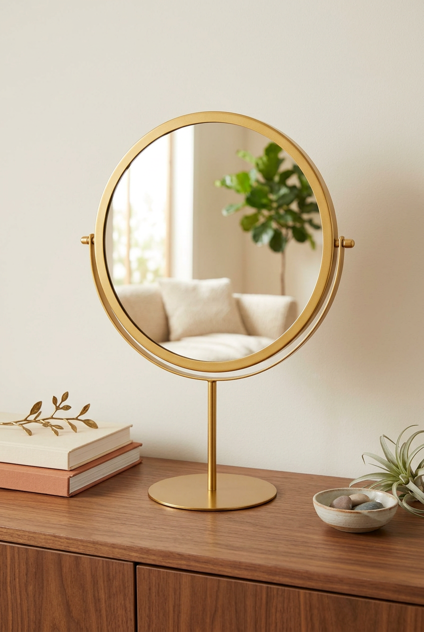 Round Gold Tabletop Vanity Mirror with Stand | Happy Gift