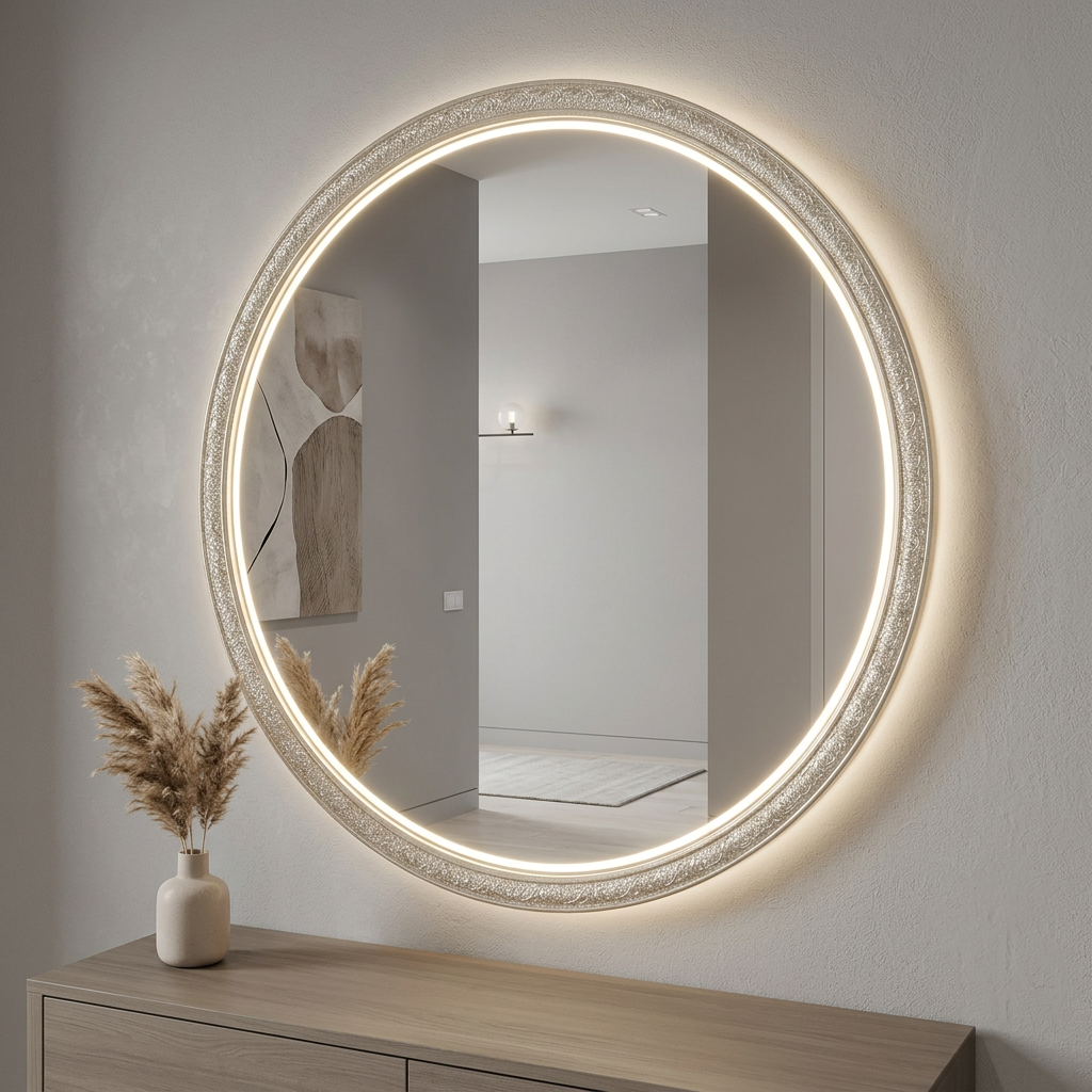 Round Decorative Mirror with Neon Light Border – Happy Gift Length 2 Foot width Foot