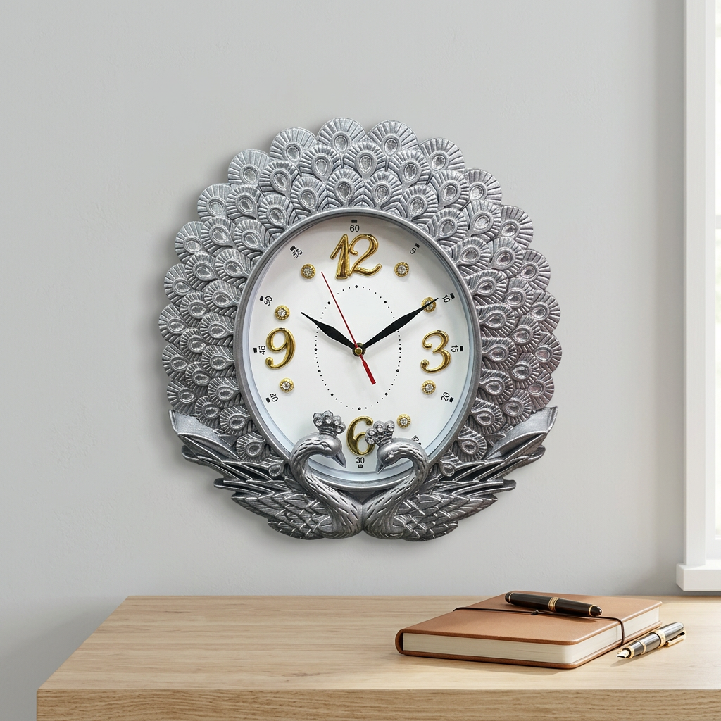 Silver Peacock Wall Clock with Gold Accents – Happy Gift