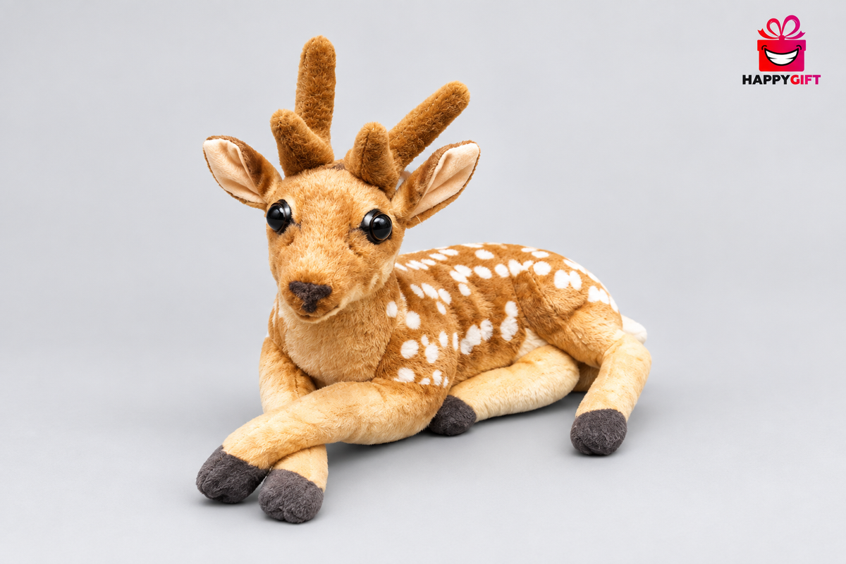 25CM Spotted Deer Plush Toy with Antlers, Lying-Down Design | Happy Gift