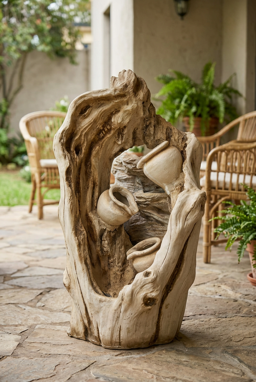 Rustic Three-Pot Tree Trunk-Style water Fountain | Happy Gift