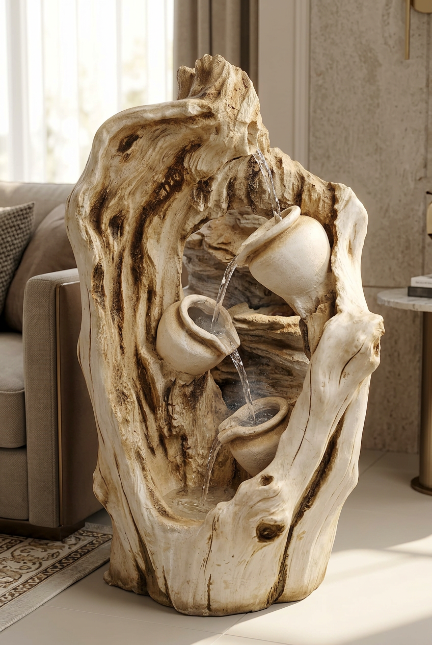 Rustic Three-Pot Tree Trunk-Style water Fountain | Happy Gift