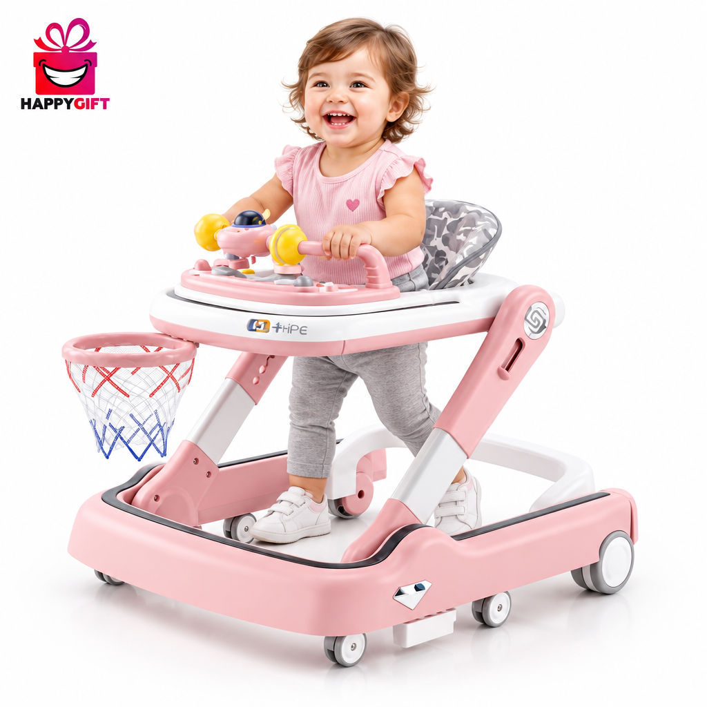 Toddler walking with walker, with logo