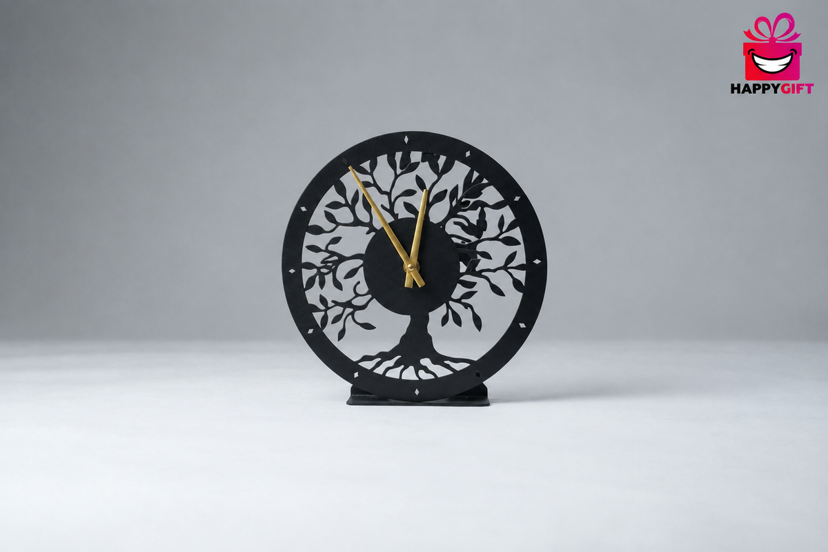 Modern Tree of Life Table Clock – Minimalist Matte Black & Gold Desk Decor