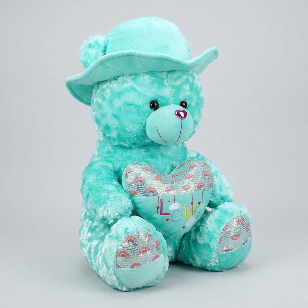 45 CM Turquoise Teddy Bear with Hat & Love Heart | Happy Gift