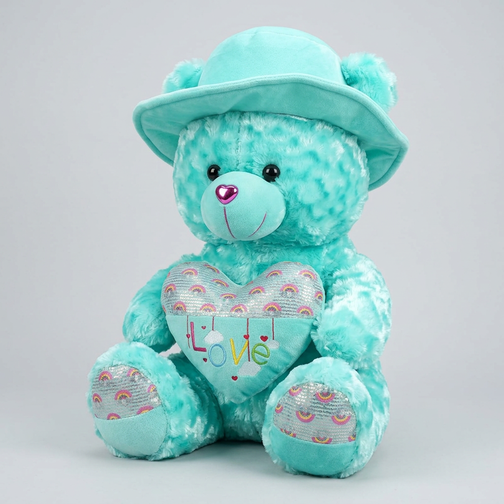 45 CM Turquoise Teddy Bear with Hat & Love Heart | Happy Gift