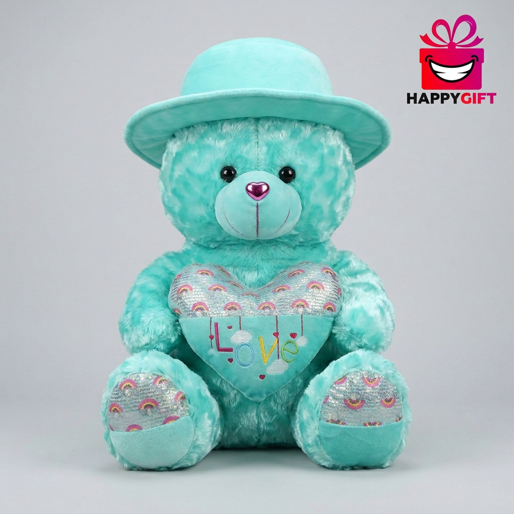 45 CM Turquoise Teddy Bear with Hat & Love Heart | Happy Gift