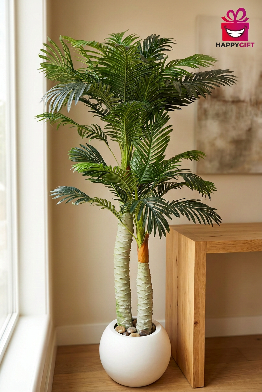 Two-Trunk Decorative Palm in White Planter | Happy Gift