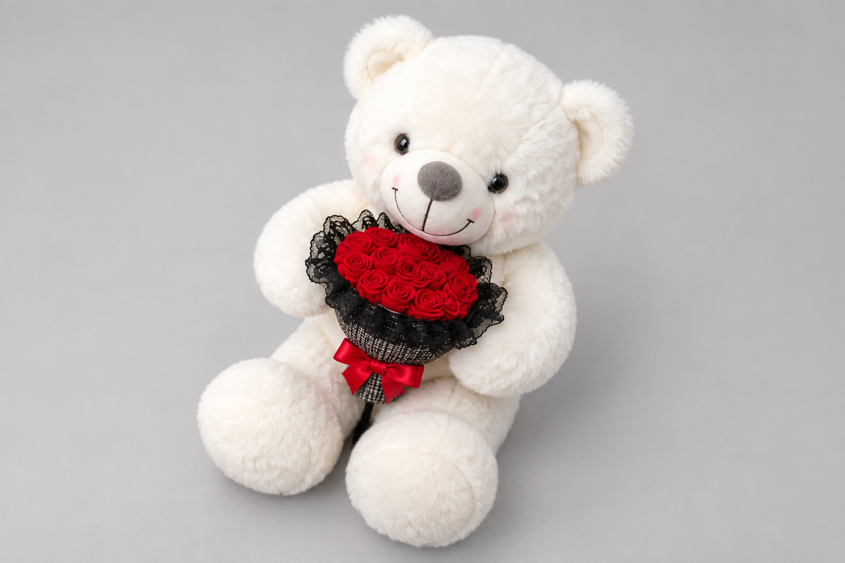 60CM White Teddy Bear Holding Red Roses, Romantic Gift | Happy Gift