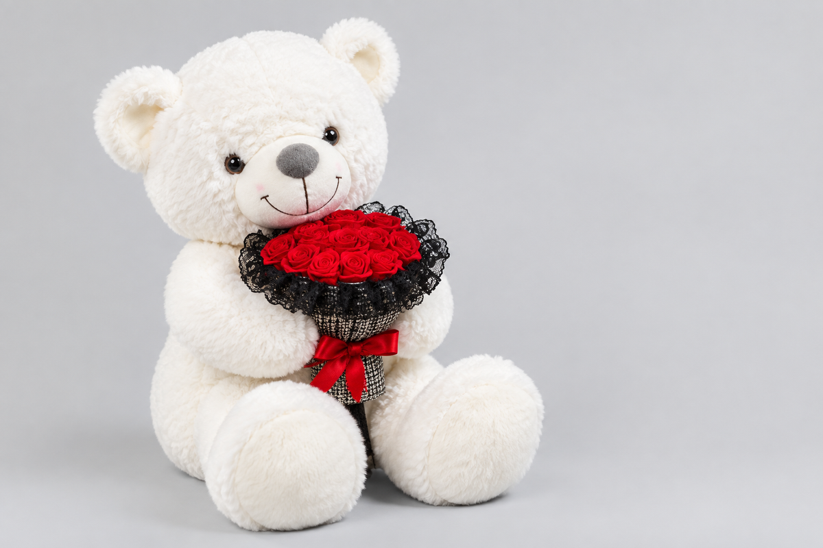 60CM White Teddy Bear Holding Red Roses, Romantic Gift | Happy Gift