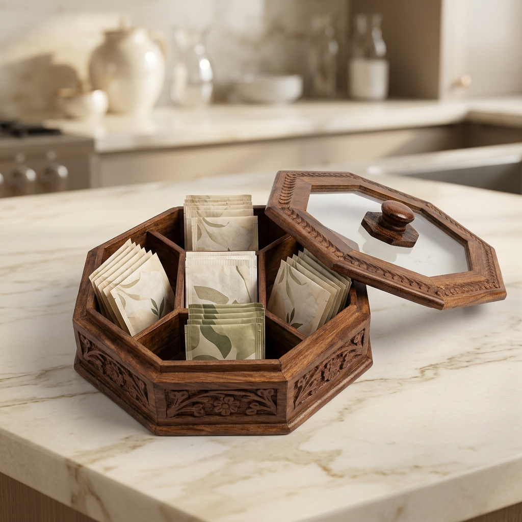 Octagonal Wooden Storage Box with Glass Lid | Happy Gift