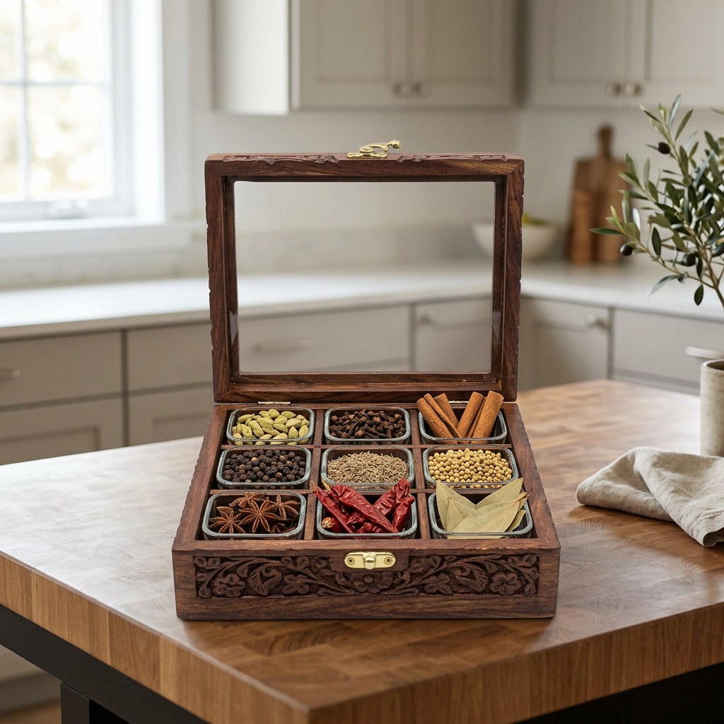 Carved Wooden Tea Box with Glass Lid – 9 Compartments | Happy Gift