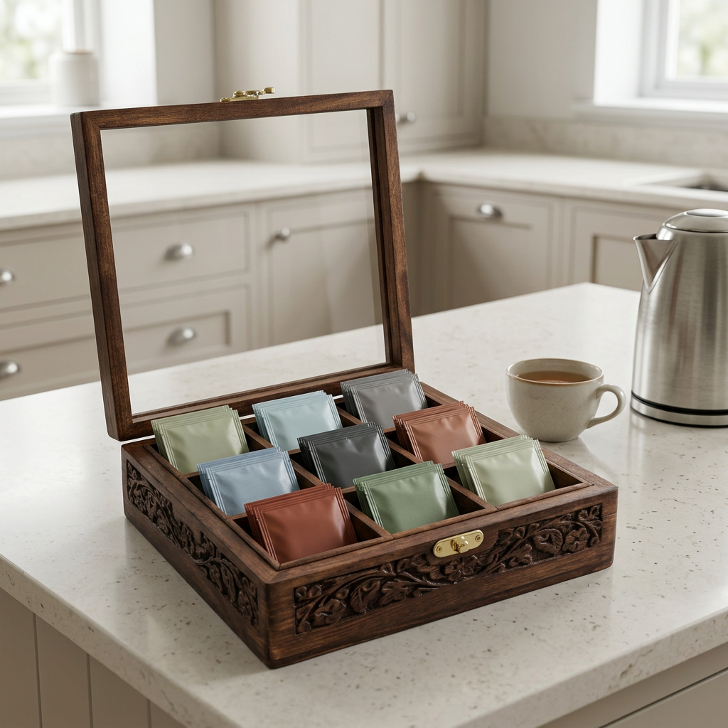 Carved Wooden Tea Box with Glass Lid – 9 Compartments | Happy Gift