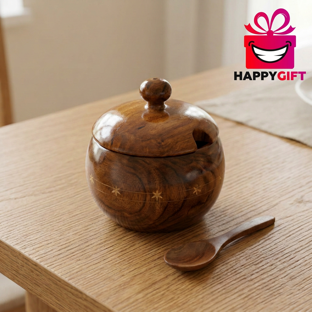 Wooden Pot with Lid & Spoon for Kitchen Décor | Happy Gift